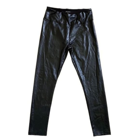 Shinestar Black Faux Leather High Rise Stretch Pull On Lined Leggings Size Large - Picture 1 of 9